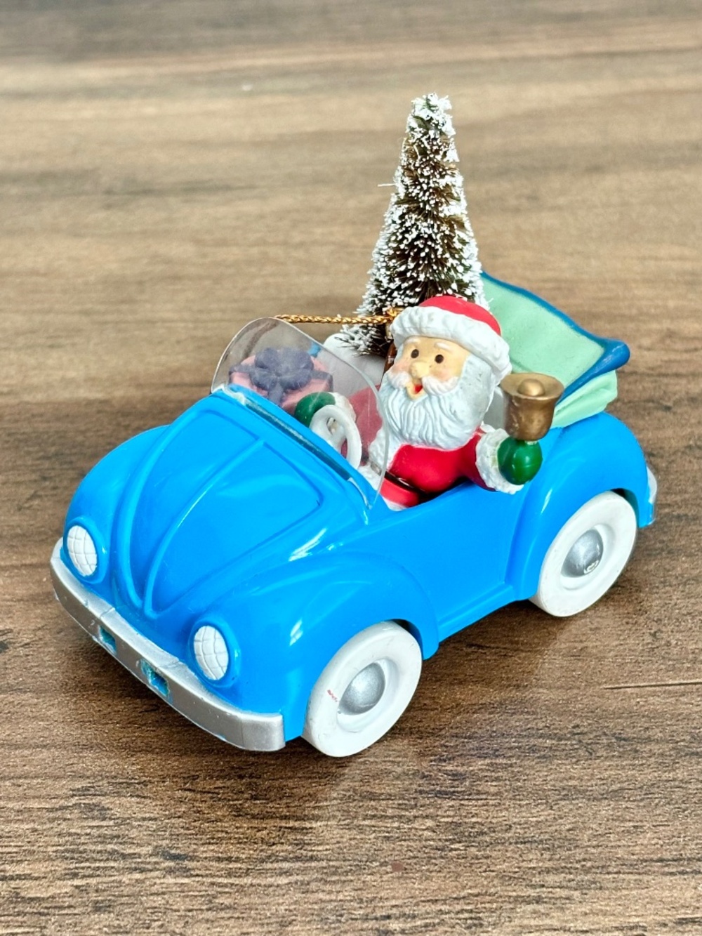 VINTAGE 1994 High Progess Santa Blue Convertible VW Beetle Christmas Ornament